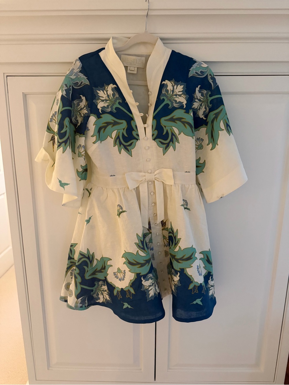 Carmen floral Print Short Dress with Tie Waist - Cream & Blue
